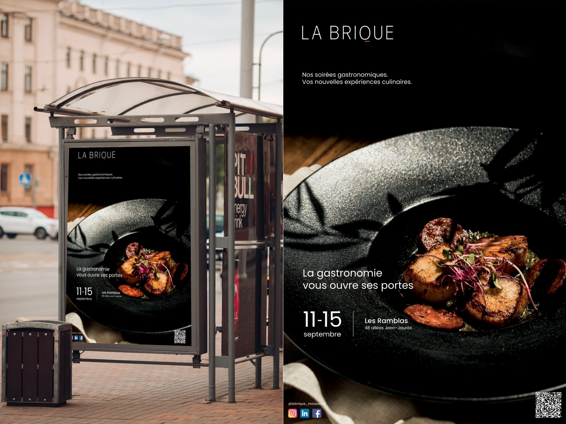 Mockup d'abribus et affiche de la campagne d'affichage du restaurant La Brique