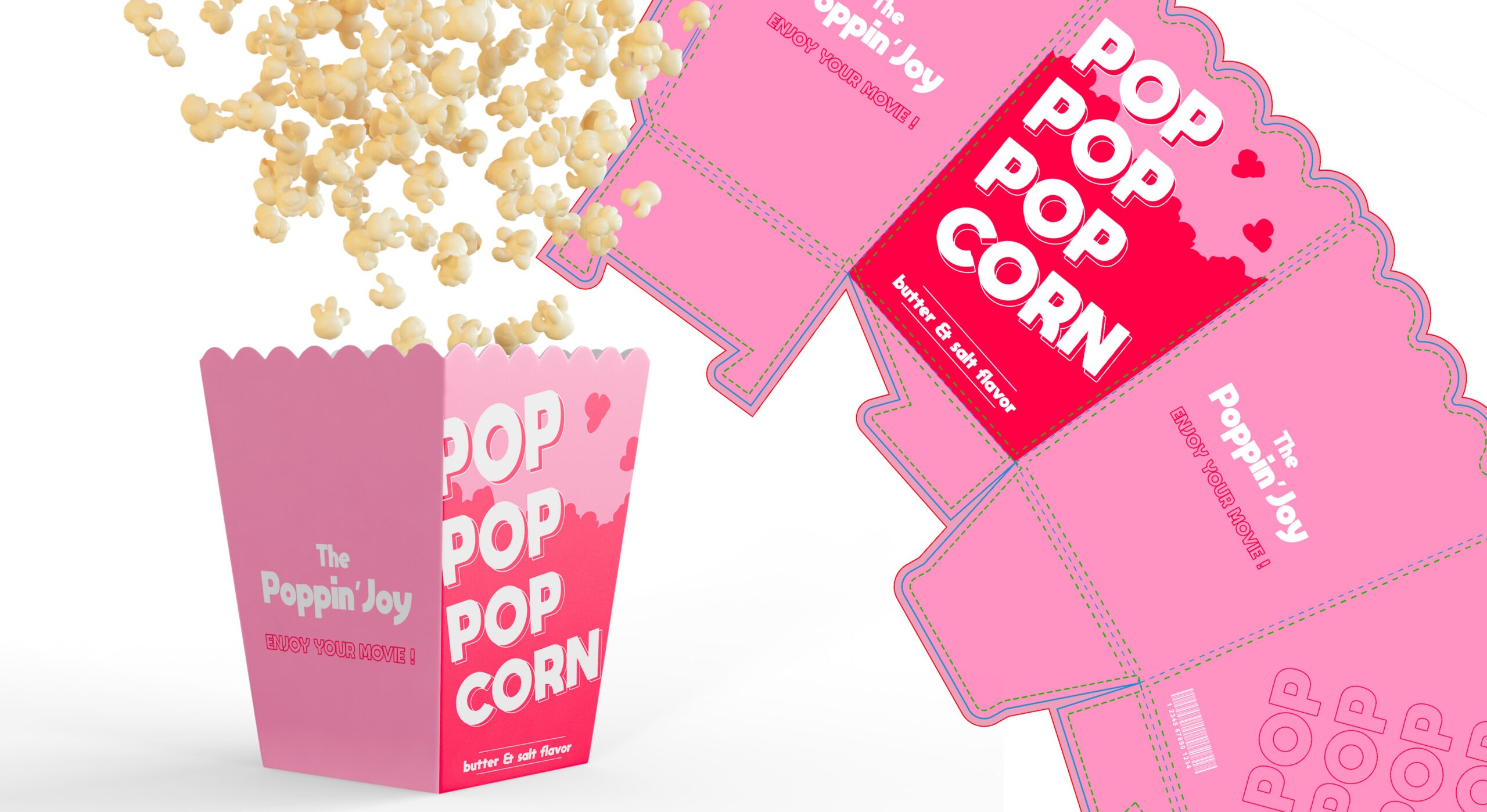 Composition graphique présentant le packaging d'une boite de pop-corn et son gabarits